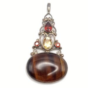 PTI Nepal 925 Sterling Silver Pendant Vtg Multi Gemstone Tiger Eye Garnet Citrin